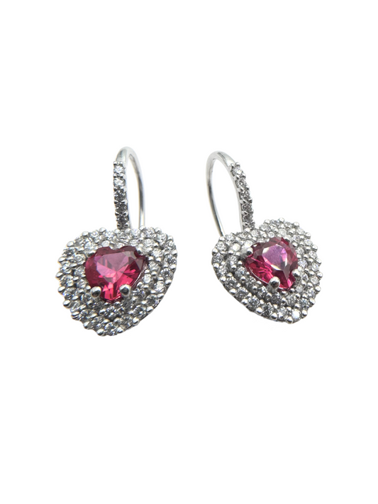 18KT White Gold Monachina Heart Pendant Earrings with Red Heart and White Zircons
