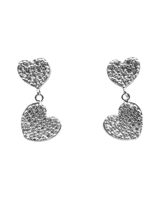 Double Heart Drop Earrings with Zircon Pavé