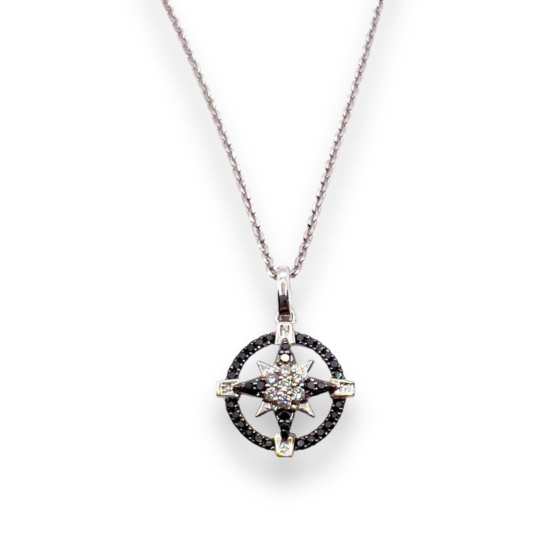 Zancan Men's 18K White Gold Compass Rose Necklace with Black and White Diamonds
