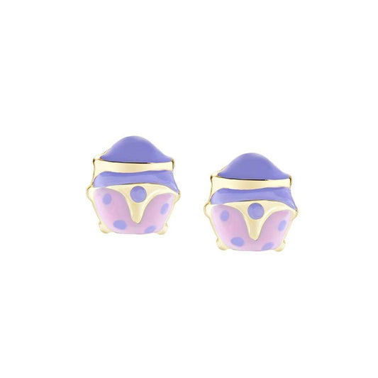 Pendientes de botón para niña Amen con mariquita esmaltada en rosa y glicina