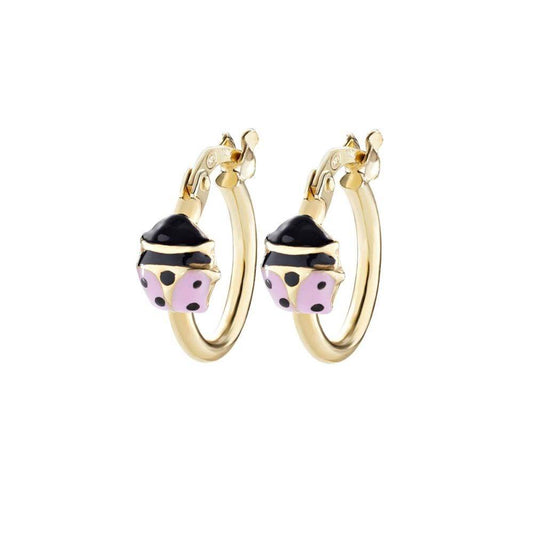 Pendientes de aro para niña Amen Baby con mariquita esmaltada en rosa y negro