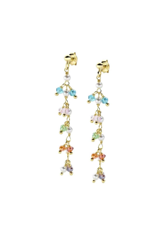 Pendientes colgantes chapados en oro con perlas y cristales Amen