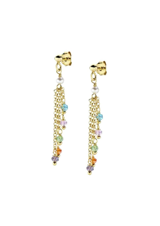 Pendientes colgantes chapados en oro con perlas y cristales Amen