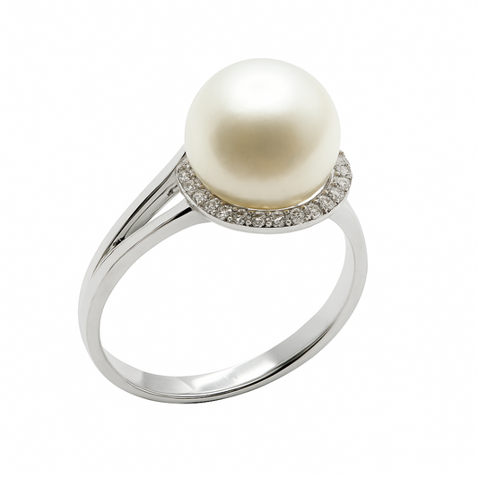 Anello Giorgio Visconti in Oro Bianco con Perla Naturale e Diamanti