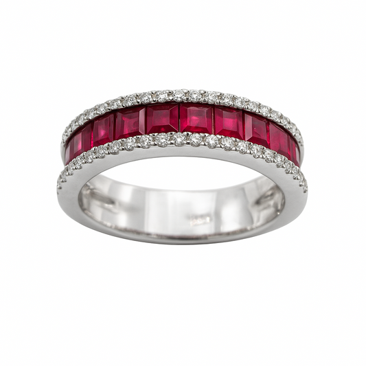 Anello Fascia Giorgio Visconti in oro Bianco con Rubini Taglio Carrè Diamanti