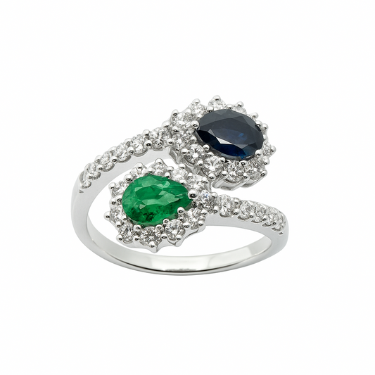 Anello Giorgio Visconti Contrariè con Smeraldo E Zaffiro Taglio Goccia con Diamanti