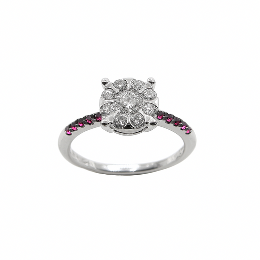 Anillo Mirco Visconti de oro blanco con centro de diamantes y rubíes en el cuerpo