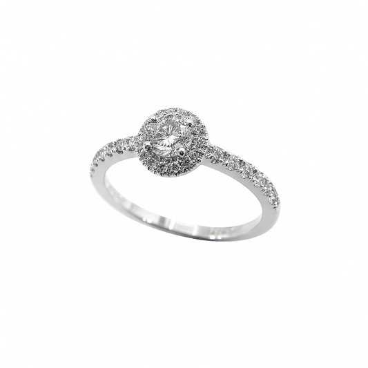 Anillo solitario Mirco Visconti en oro blanco con diamante central y diamante envolvente