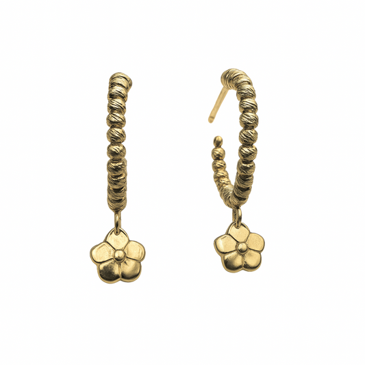 Cerchietti in Oro Giallo con Sfere Diamantate e Fiore Pendente