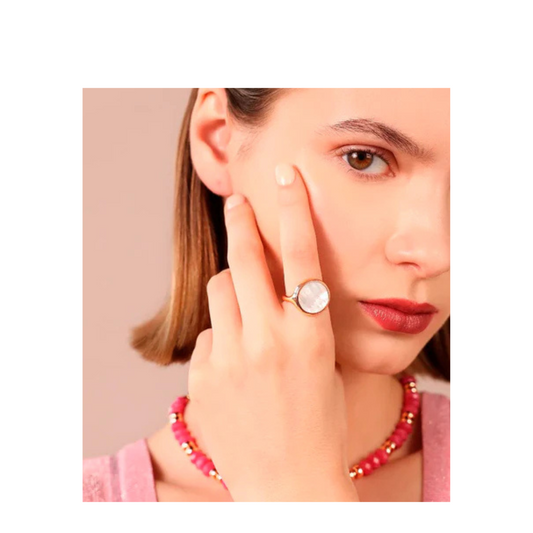 Anello Bronzallure Chevalier Grande Con Pietra Naturale Piatta Madreperla Bianca