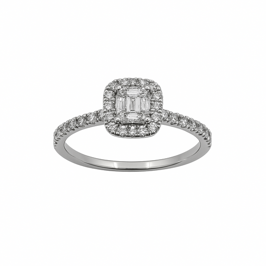 Anello Leo Pizzo in oro Bianco con Diamante Centrale Taglio Ottagonale e Diamanti taglio Brillante