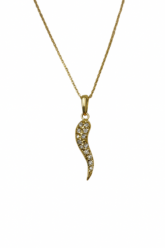 Collana in Oro Giallo 18 KT con Cornetto con Pavè di Zirconi