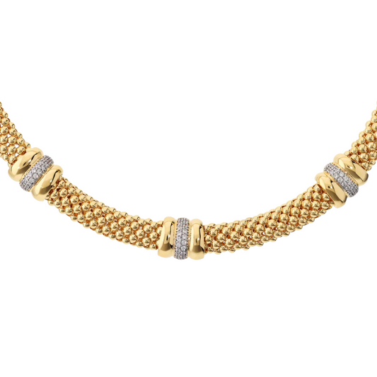 Bronzallure Golden Popcorn Mesh Necklace with Cubic Zirconia Pavé Rondelles
