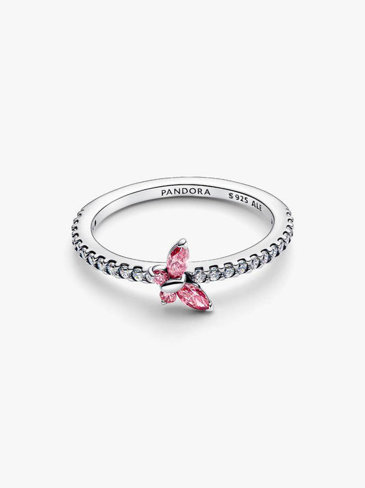 Anillo Pandora con mariposa rosa brillante