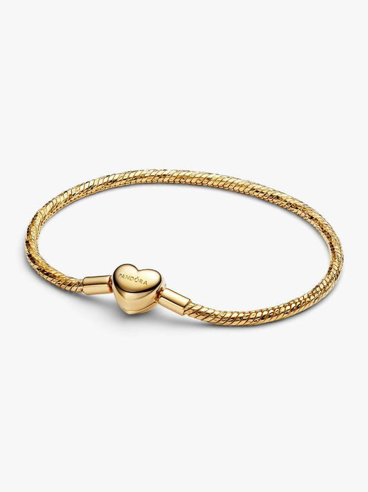 Pandora Faceted Snake Chain Bracelet with Heart Clasp in 18K Yellow Gold Plating