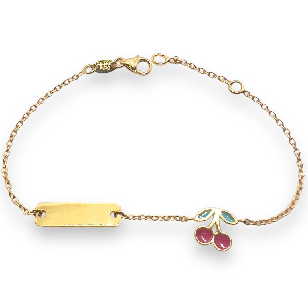 Bracciale Bimba in Oro Giallo con Targhetta e Ciliegie Smaltate BR025