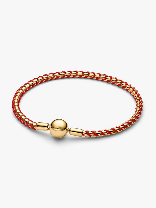 Pandora Bracelet Weave Red Fabric 14KT Gold Plated