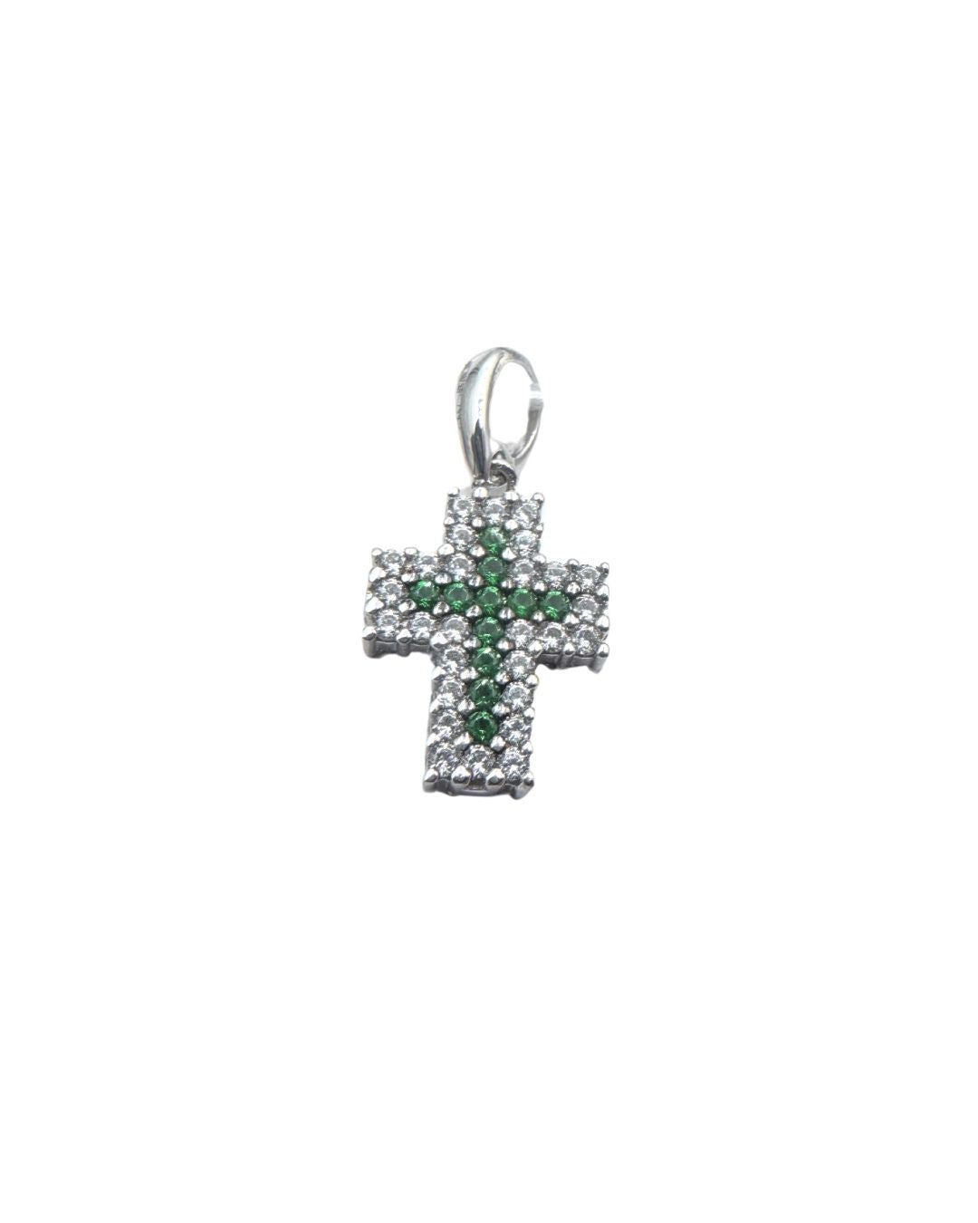 White Gold Pendant Cross with White and Green Zircons