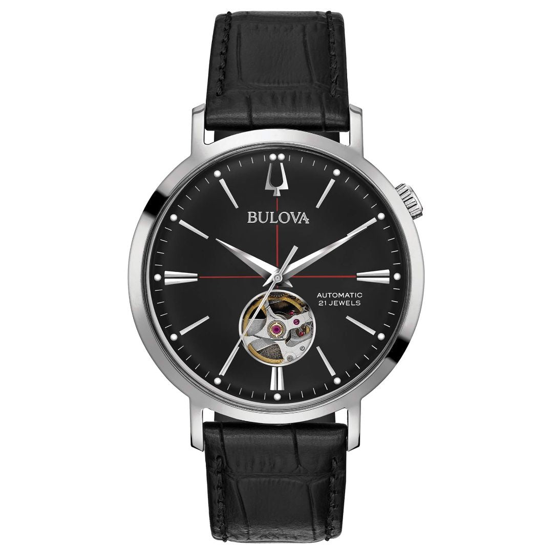 Reloj automático Bulova Aerojet para hombre con caja de acero inoxidable y correa de piel negra