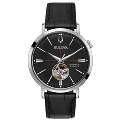 Reloj automático Bulova Aerojet para hombre con caja de acero inoxidable y correa de piel negra