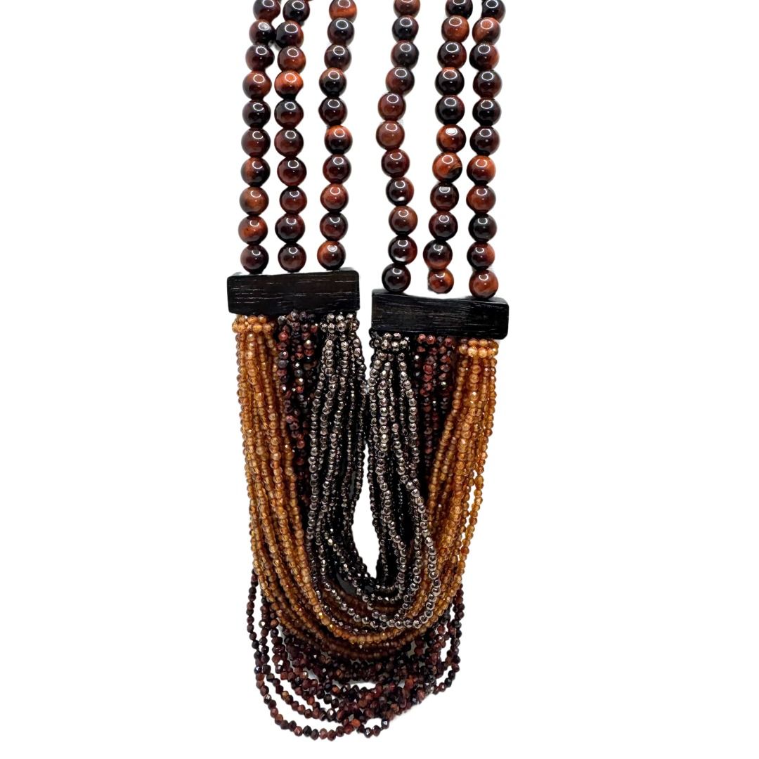 Collana Rajola Musa con Occhio di Tigre, Ematite, Hessonite e Legno 54-679-17