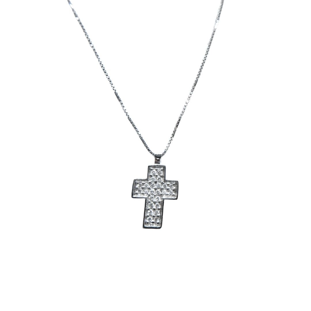 Collana Croce Bibigì in Oro Bianco 18 KT con Pavè di Diamanti -