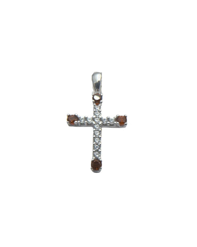 White Gold Pendant Cross with White and Red Zircons