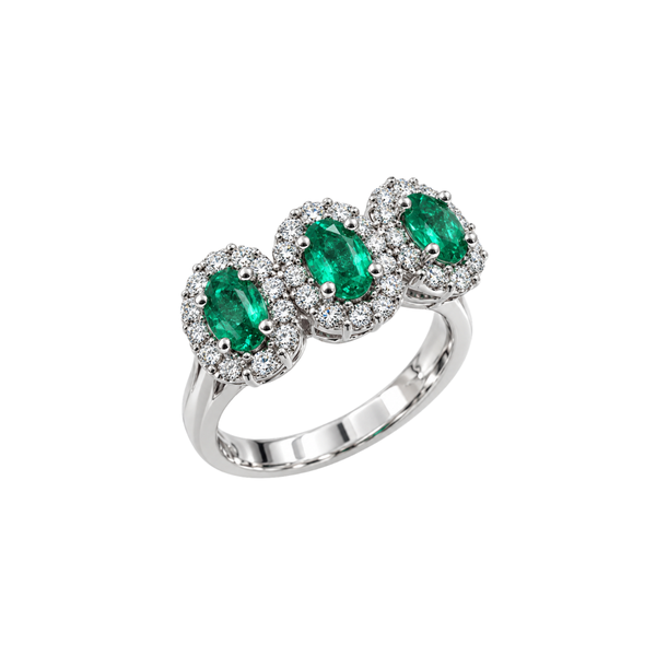 Anillo Trilogía Golay en oro blanco con diamantes naturales y esmeraldas