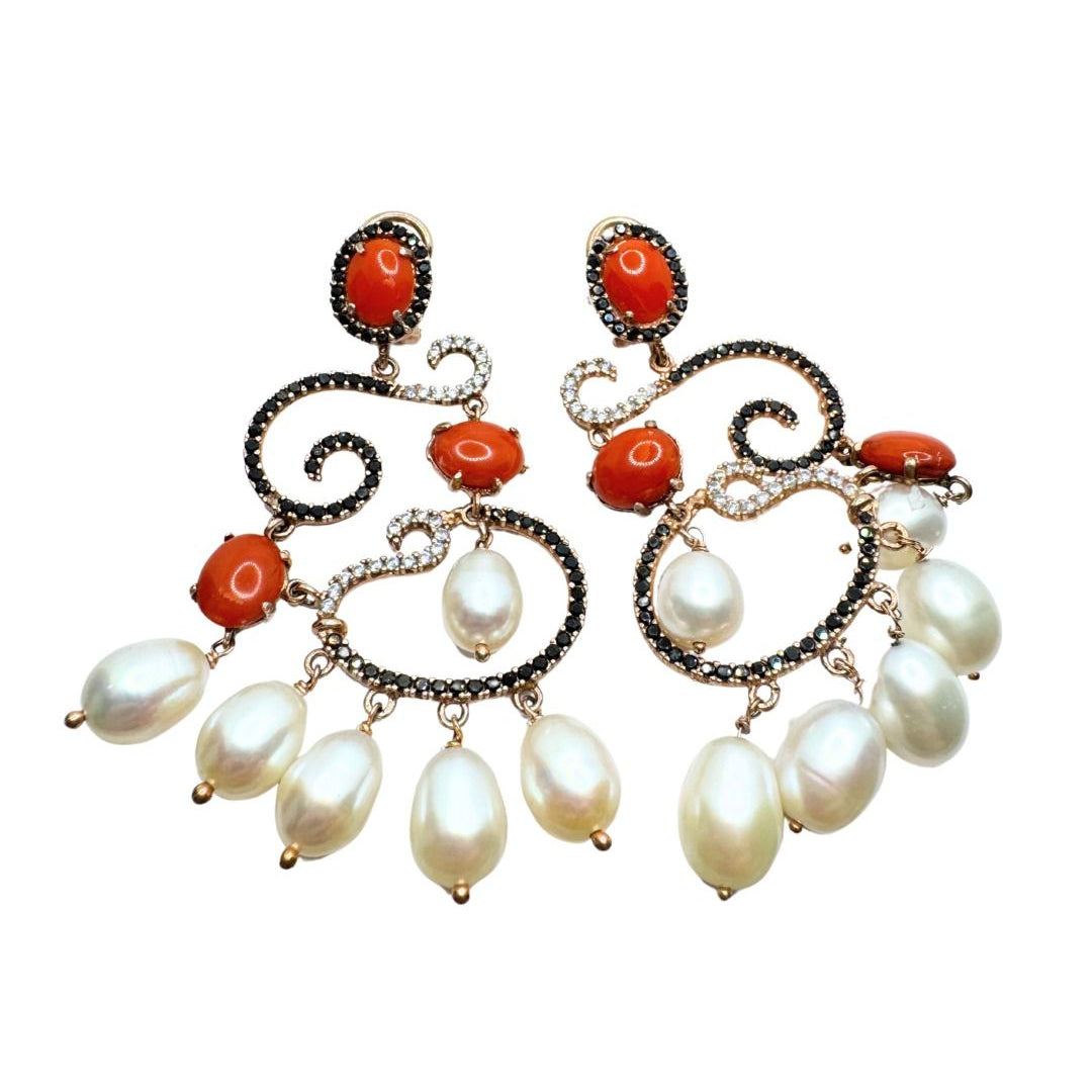 Pendientes Fiorini de Plata con Perlas, Circonitas y Coral