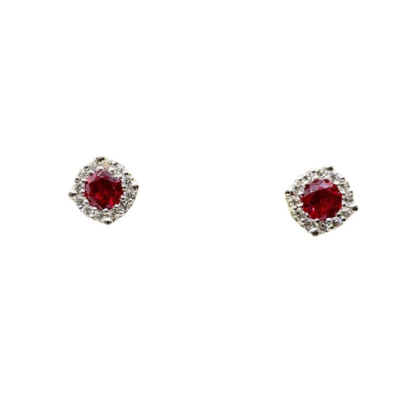 Orecchini in Oro Bianco 18 KT con Zircone centrale Rosso e Contorno di Zirconi Bianchi OR010