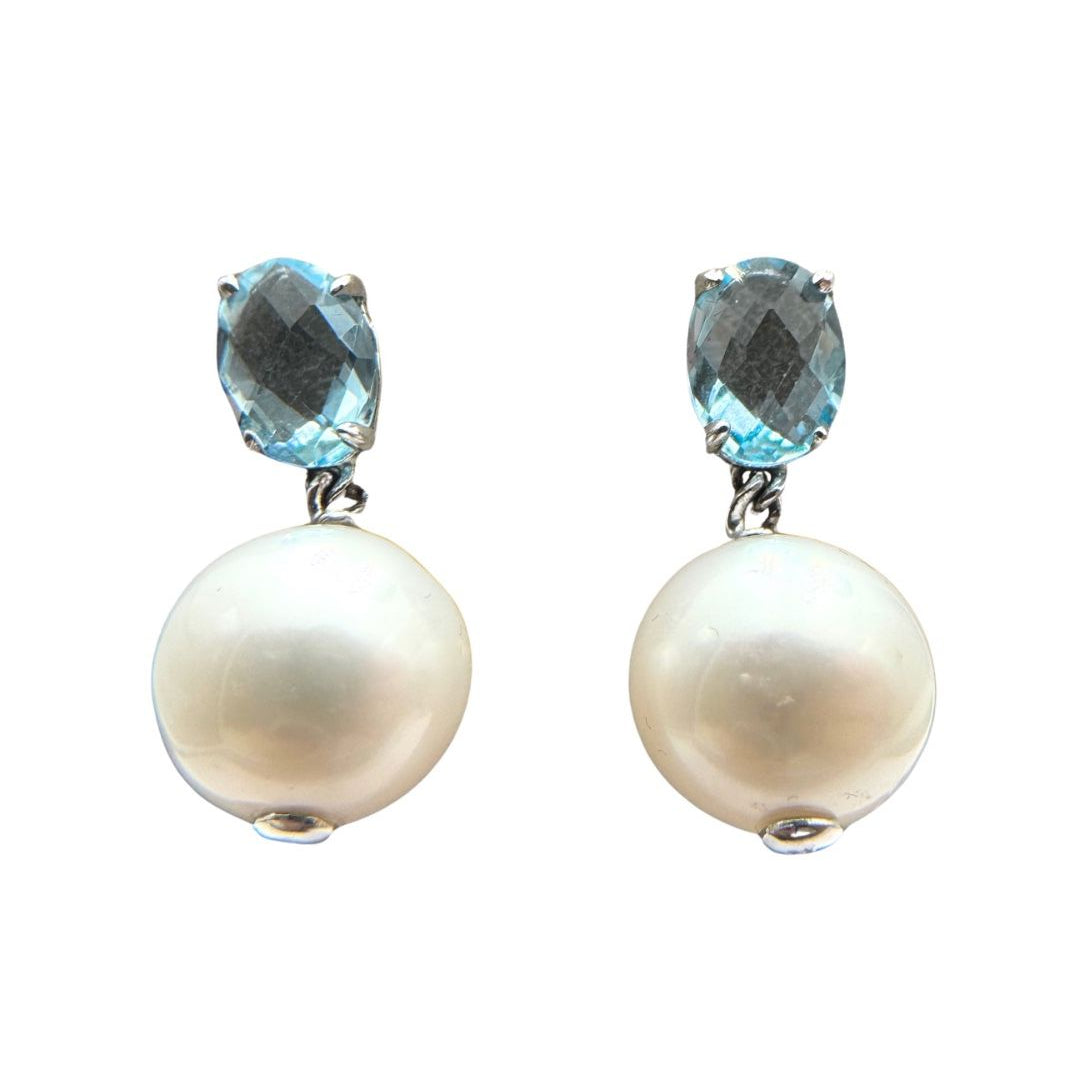 18KT White Gold Drop Earrings with Topaz and Natural Pearls