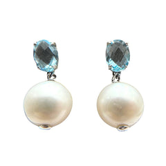 18KT White Gold Drop Earrings with Topaz and Natural Pearls
