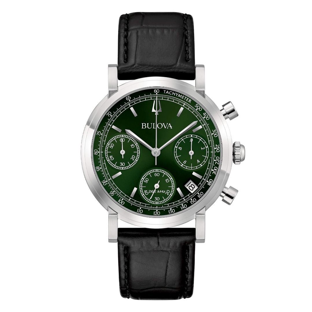 Bulova Men's Chrono High Precision Green Dial Leather Strap Watch