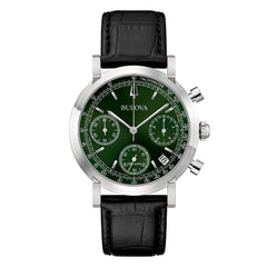 Bulova Men's Chrono High Precision Green Dial Leather Strap Watch