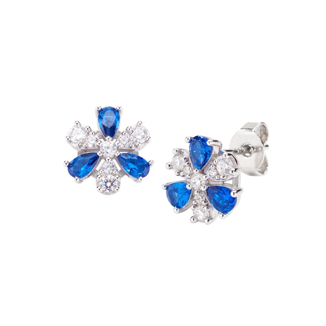 Pendientes de flor de polvo de estrellas con circonitas blancas y azules