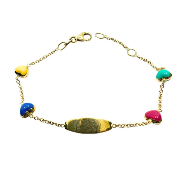 Yellow Gold Baby Girl Bracelet with Tag and Enamelled Hearts
