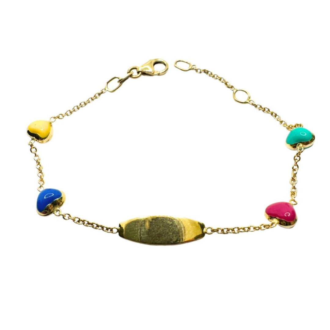 Yellow Gold Baby Girl Bracelet with Tag and Enamelled Hearts