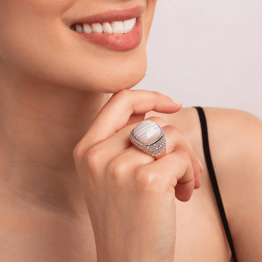 Anello Bronzallure Chevalier Con Agata Bianca E Cubic Zirconia