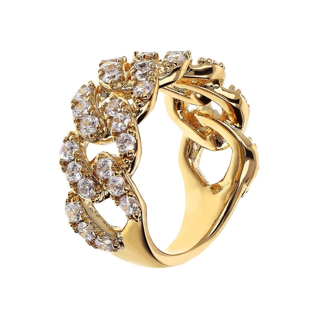 Anillo Bronzallure de banda dorada con cadena cuadrada y pavé de circonitas cúbicas