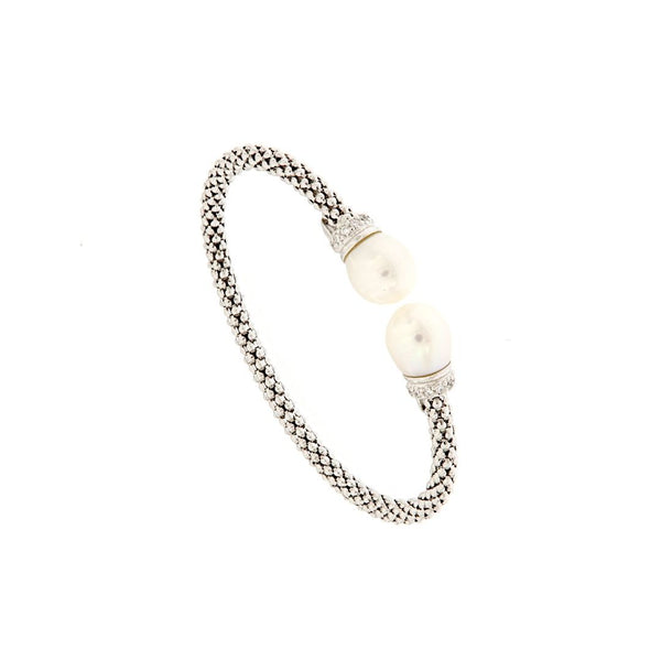 Lelune Rigid Silver Bracelet with Double Pearl