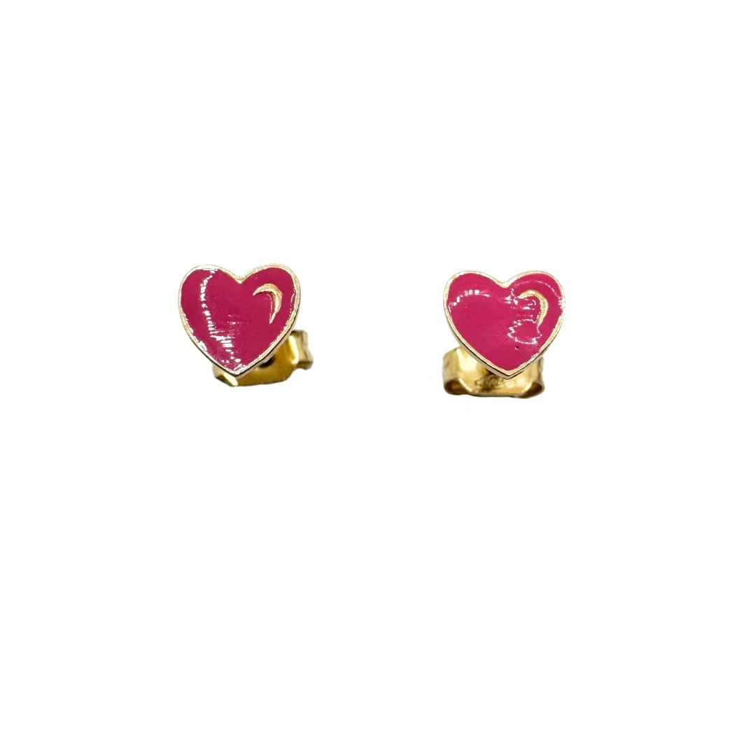 Fuchsia Enamelled Heart Stud Earrings in 18KT Yellow Gold