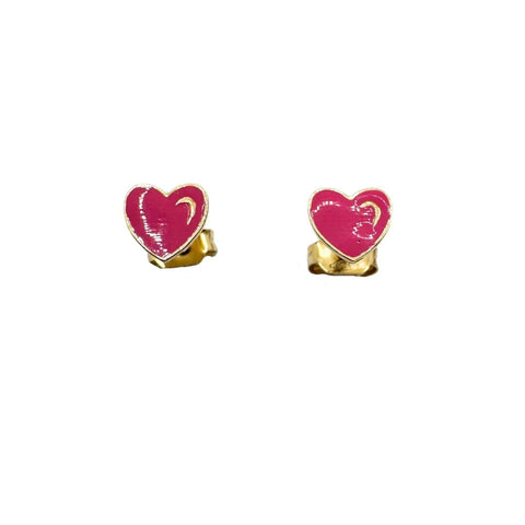 Fuchsia Enamelled Heart Stud Earrings in 18KT Yellow Gold