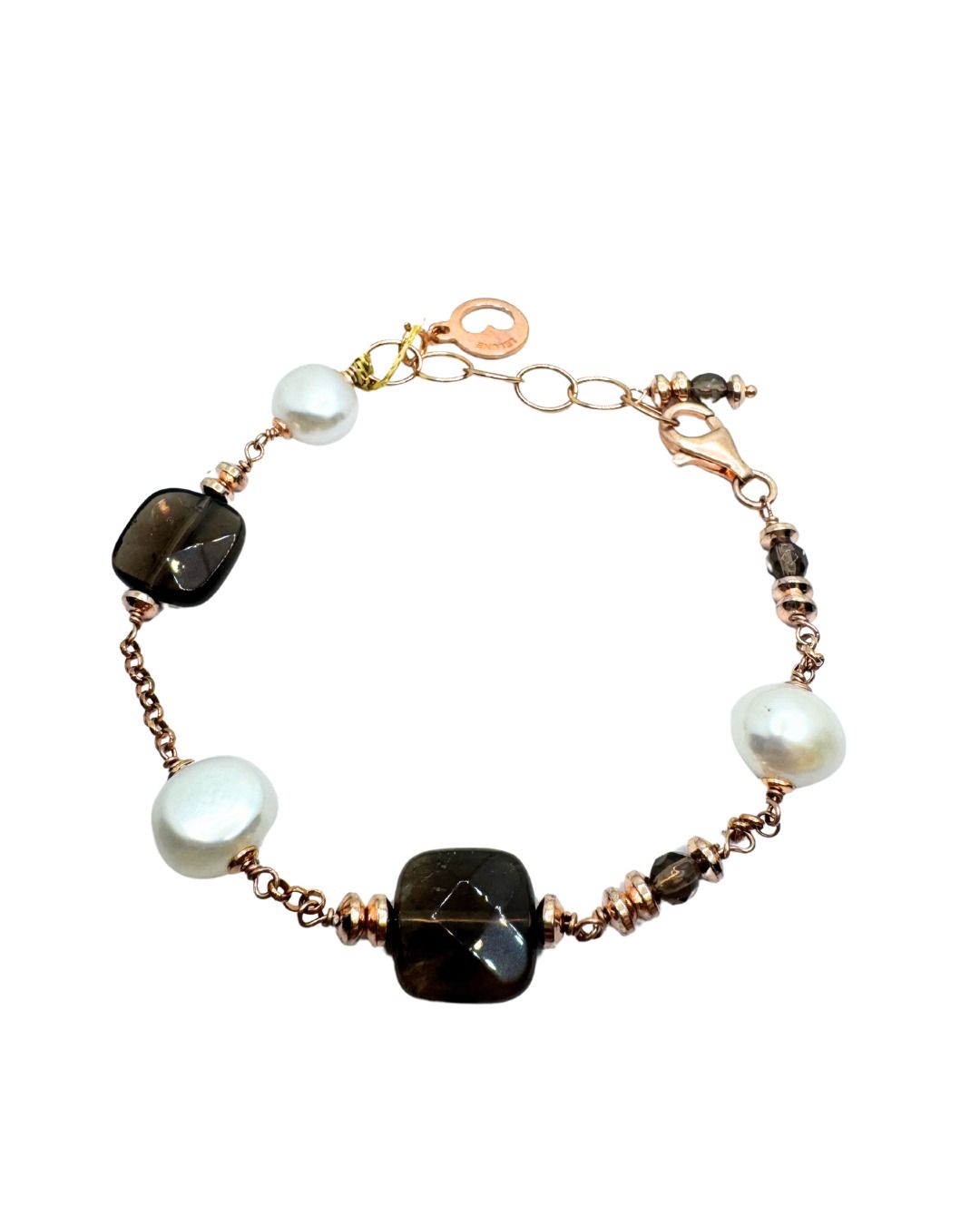 Bracciale Lelune in Argento Rosè con Perla e Quarzo Fumè