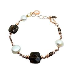 Pulsera Lelune en plata rosa con perla y cuarzo ahumado