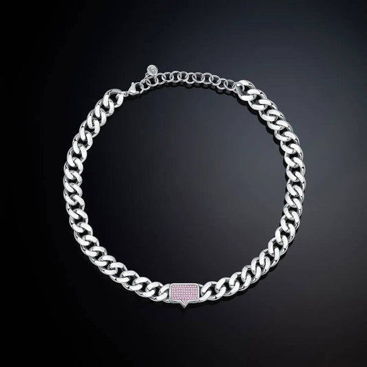 Collar de cadena Bossy Groumette de plata de Chiara Ferragni con placa y circonita rosa