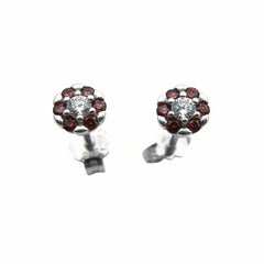Pendientes de flor de oro blanco con circonitas rojas y blancas