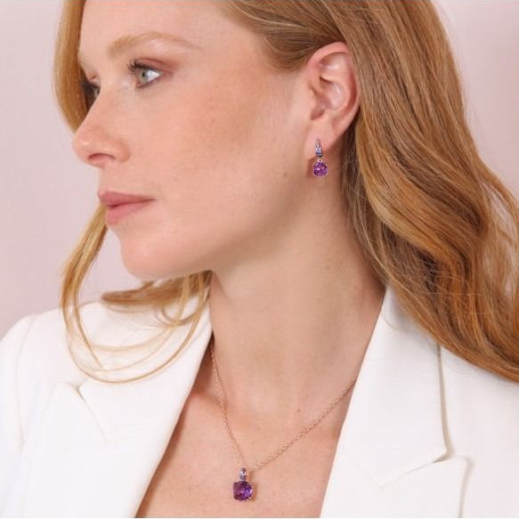 Pendientes colgantes Bronzallure con prisma de gemas cuadradas y pavé de amatista