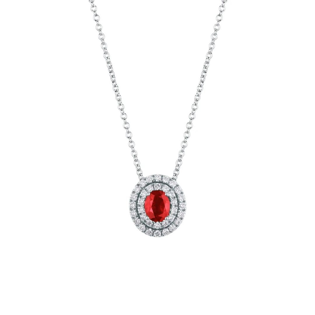 Collana Mirco Visconti in Oro Bianco con Rubino Taglio Ovale e Doppio Contorno di Diamanti AB778/R