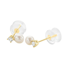 Stroili Bon Ton Yellow Gold 9 KT Stud Earrings, Freshwater Pearl And Cubic Zirconia 1400978