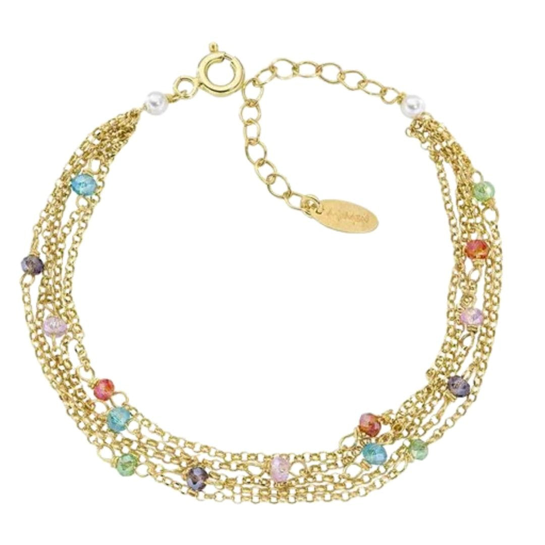 Pulsera de oro multihebra con perlas y cristales Amen